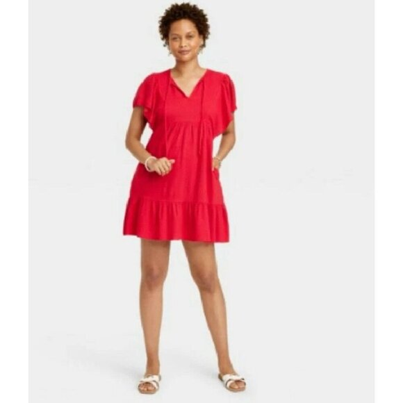 Knox Rose Ruffle Short Sleeve A Line Dress RED Womens Medium Relaxed Fit - Picture 1 of 8
